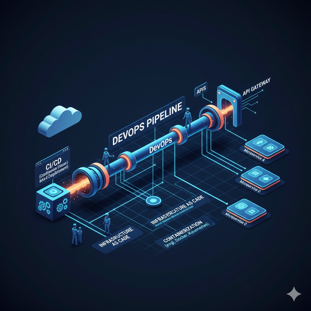 Diagrama: DevOps, APIs y arquitectura de microservicios